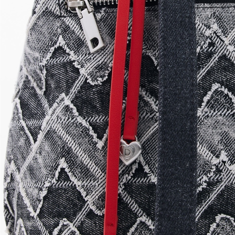 Gently Used Desigual Black Denim Quilted Effect Women's Bag with Red Charms - Picture 4 of 6